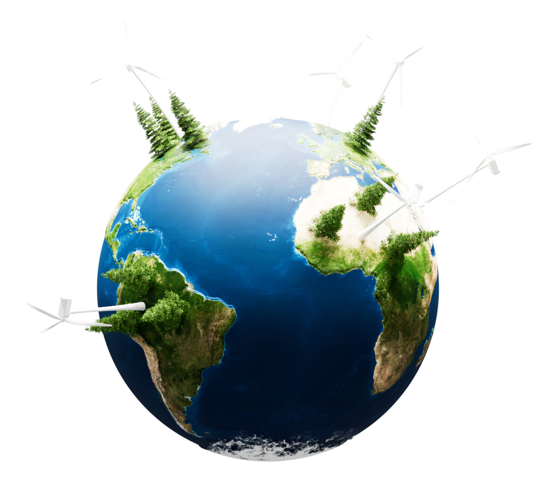 Picture of earth globe with trees and wind turbines around it.