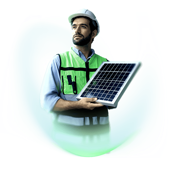 Solar energy engineer holding solar panel.